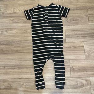 Rags to raches striped green short sleeved jumpsuit metal snap